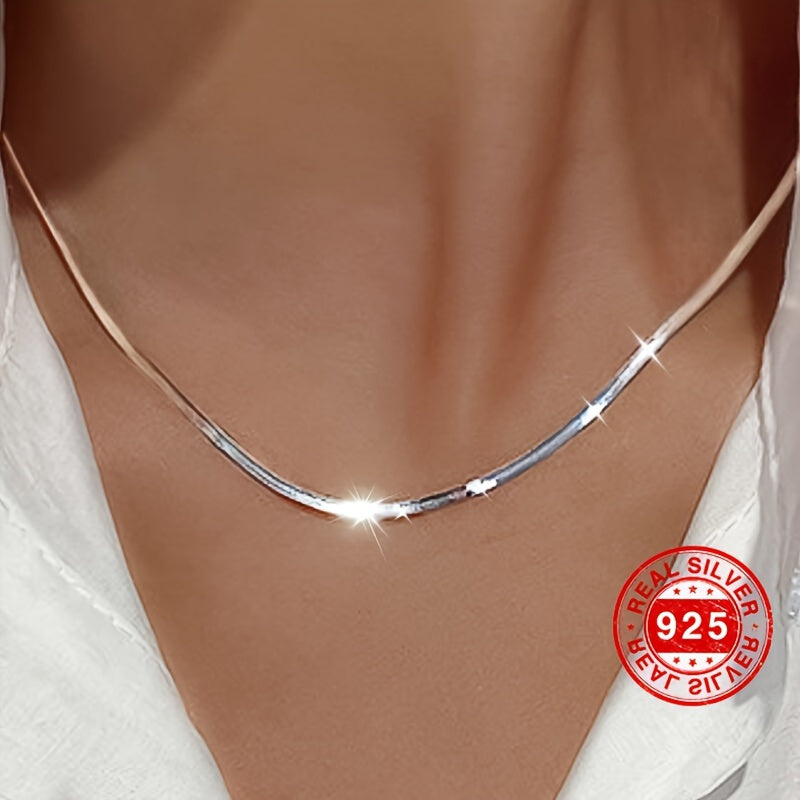 Hypoallergenic S925 Sterling Silver Flat Snake Bone Chain with Cold Style Blade Design, Silvery Necklace for Women. Light Luxury High-grade Clavicle Chain weighing 3.6g