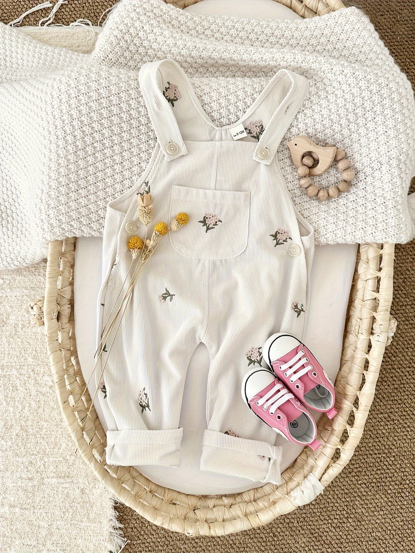 Infant & toddler girl's flower embroidery overalls, perfect for outdoor wear in spring and fall.