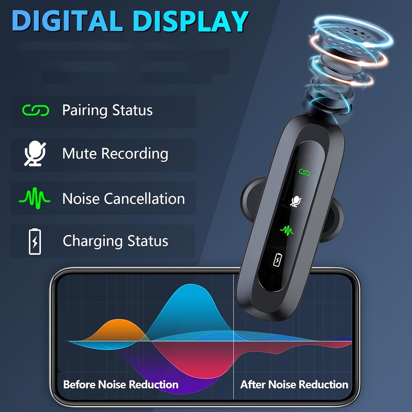 Wireless clip-on microphone with one-click recording, USB-C charging, and battery indicator - perfect for streaming and broadcasts.