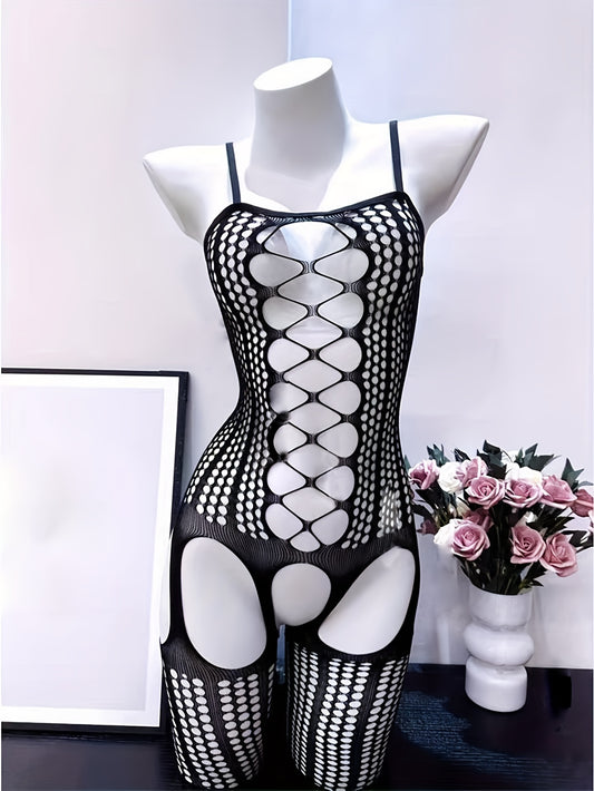 Chic black fishnet bodysuit with hollow out design, see-through cover-up, high stretch nylon/elastane blend. Hand washable, ideal for music festivals and beachwear.