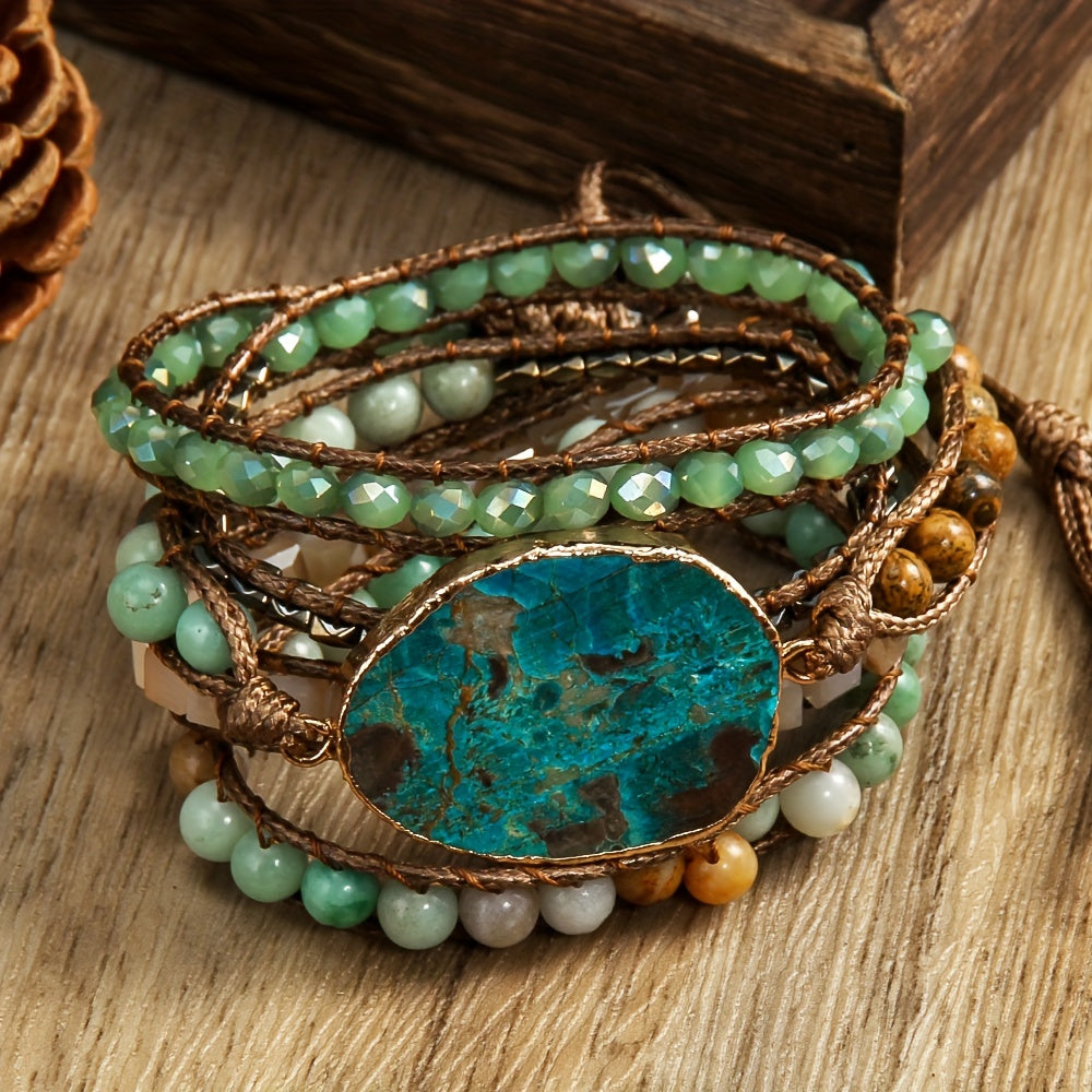 Wrap yourself in Bohemian vacation vibes with this natural stone wrap bracelet. Featuring multiple layers of beaded woven cord, this accessory is perfect for summer days and special gift occasions. Embrace the Thanksgiving holiday theme with this piece