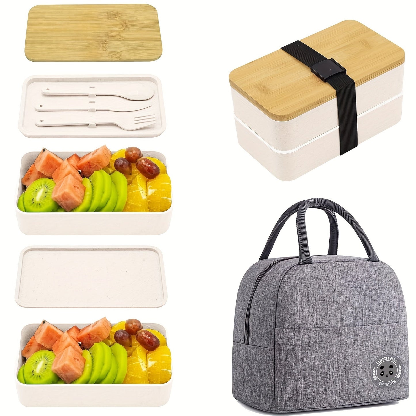 Single Set Bento Lunch Box with Insulated Bag, Microwave Safe, Leakproof Plastic Containers with Bamboo Lids, Adjustable Dividers and Utensils, Perfect for Work, Picnics - Christmas Gift Packaging Included