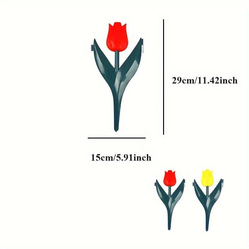 10 plastic tulip-shaped garden fence pieces for easy assembly and decoration in fairy gardens or outdoor yards with a red and yellow tulips design.