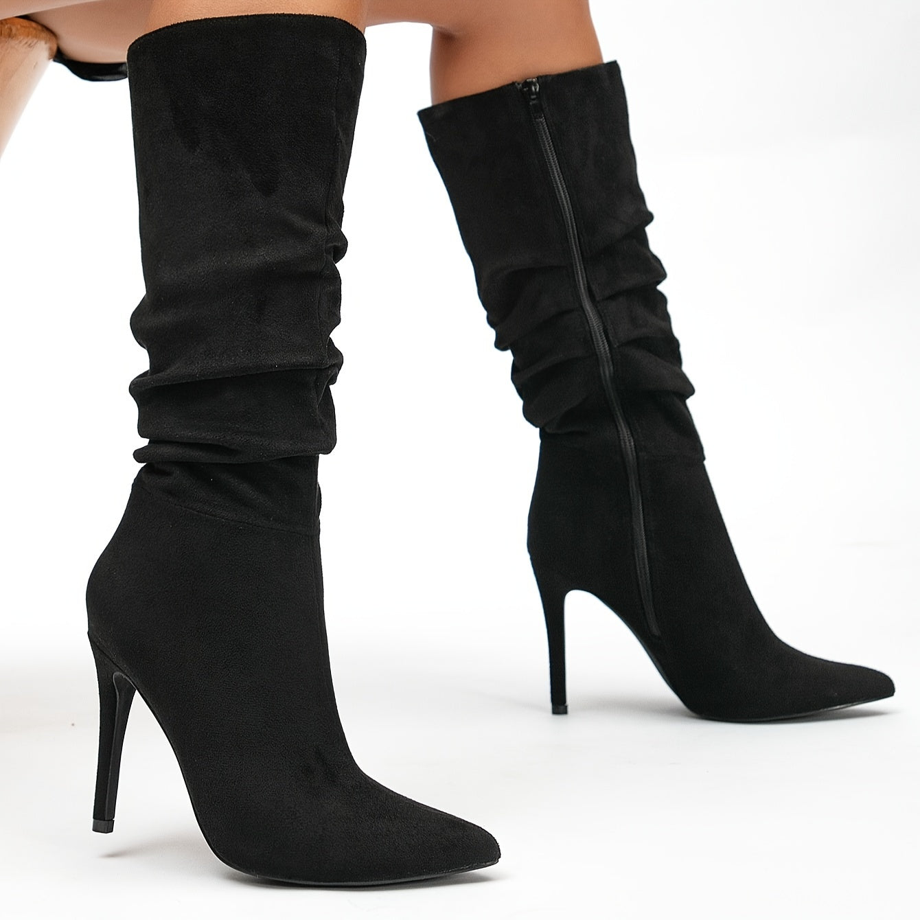 Pleated design long boots for women with point toe and stylish side zipper.