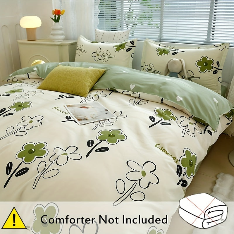 4-piece skin-friendly duvet cover set featuring a fresh flower print design. Includes duvet cover, flat sheet, and two pillowcases (core not included). Suitable for all seasons and perfect