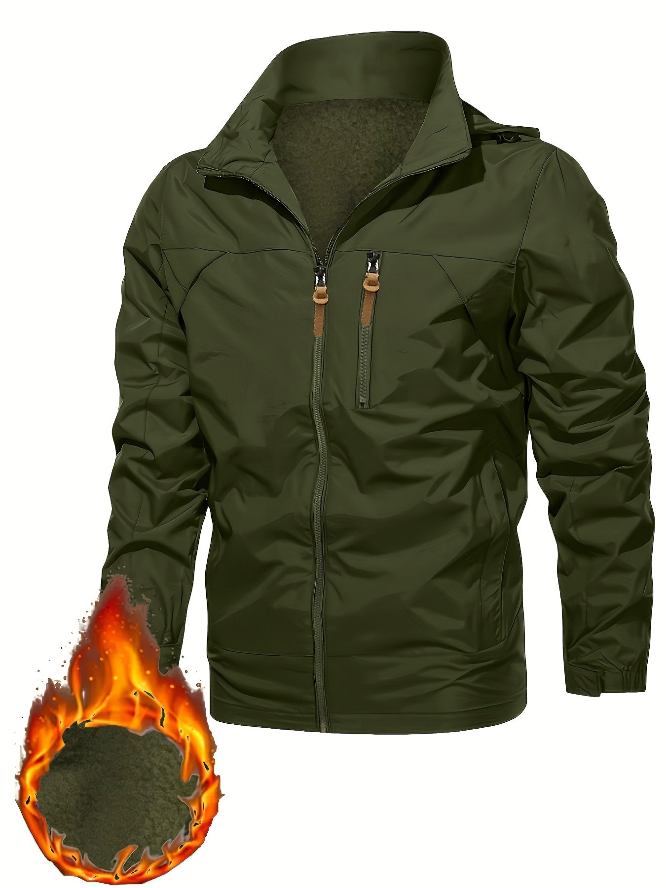 Men's casual varsity jacket with hood, zip-up, windproof, and warm, with pockets, for plus size fit