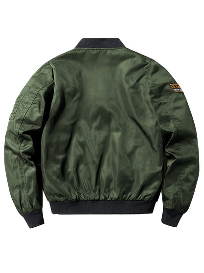 Men's bomber jacket with embroidered "FORCE" patch, windproof and warm polyester construction, zip-up design, ideal for spring and fall casual wear.