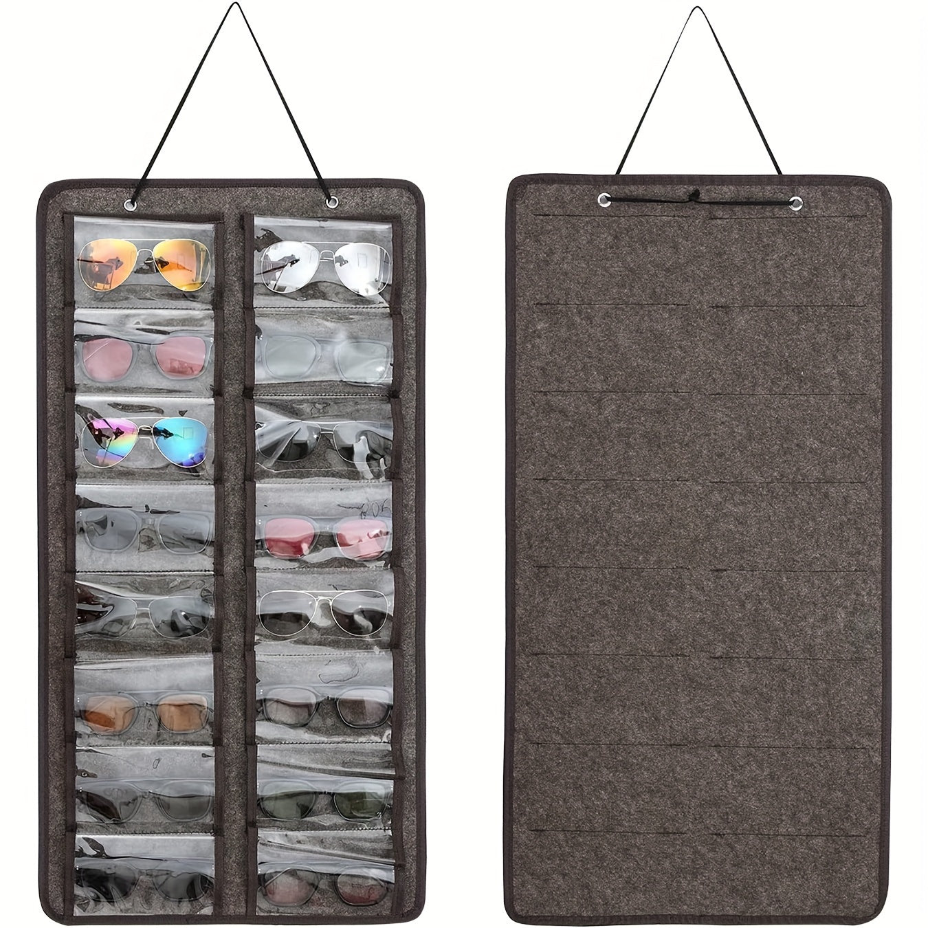 Get yourself the perfect solution for organizing your glasses with this 16-Slot Glasses Organizer. This hanging PVC wall pocket is dust-proof and includes a metal hook and sturdy rope for easy hanging. Ideal for storing women's fashion accessories, this