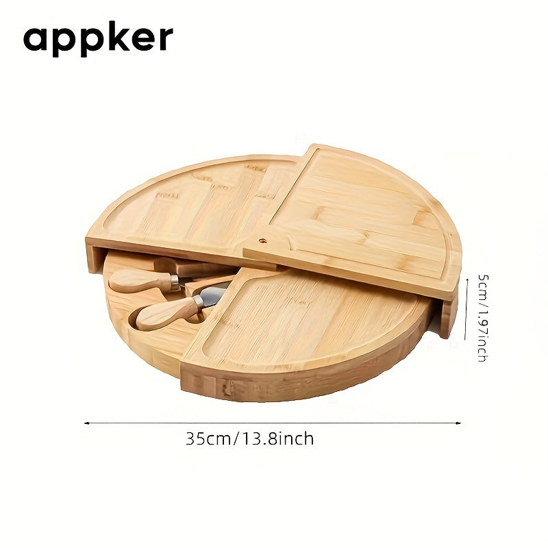 Appker Bamboo Cheese Board Set includes Cheese Knife and Wooden Charcuterie Board with Rotating Serving Platter for Appetizers, Food Safe Kitchen Accessory with Cheese Tools