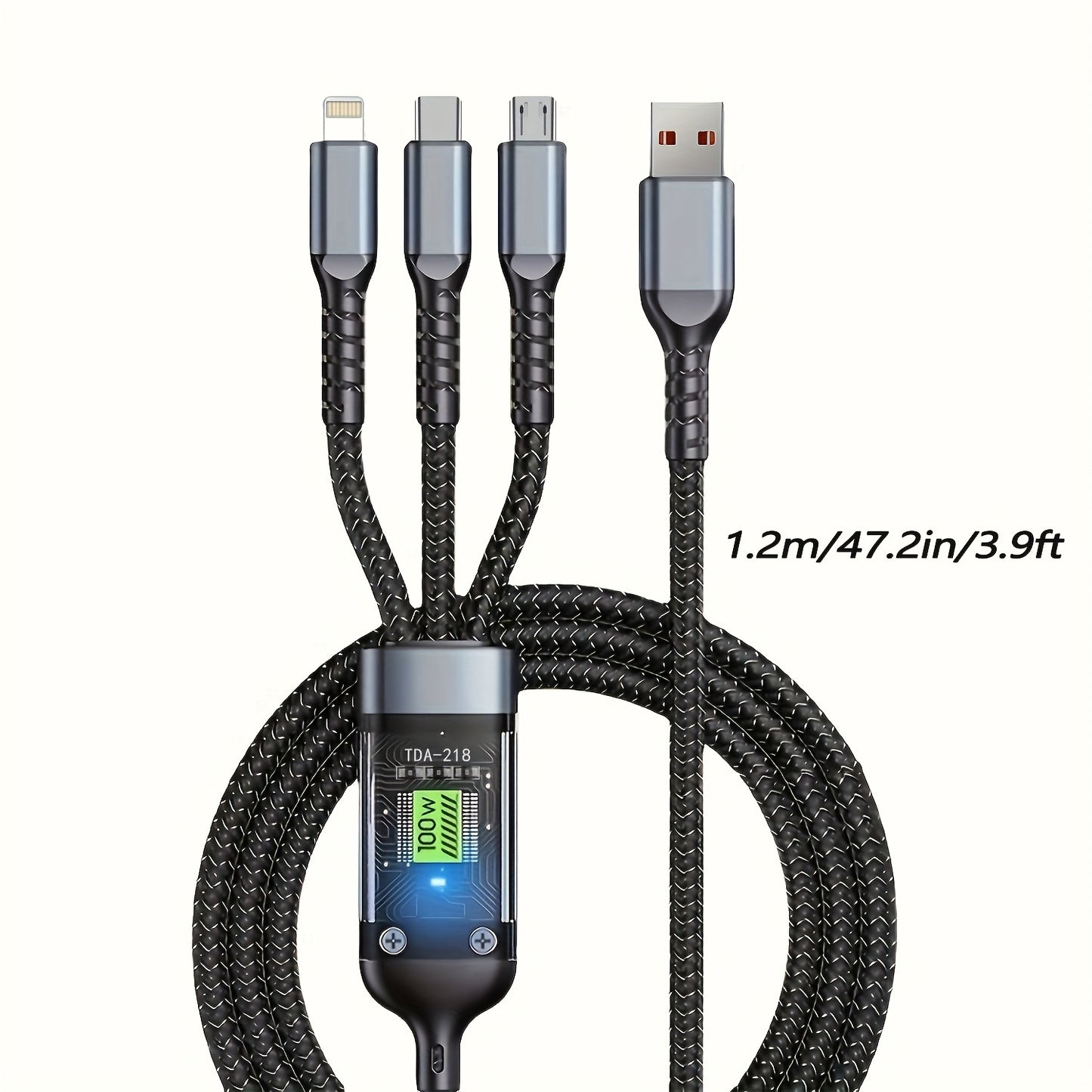 BINBOOM 3-in-1 Fast Charging USB Cable with LED Display, Nylon Braided, compatible with iPhone 14/13/12/11 and other cell phones.