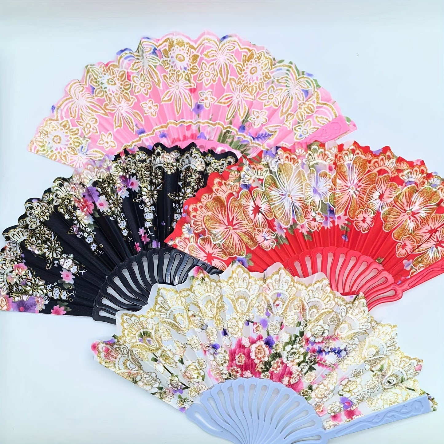 Beautiful Floral Fan Collection - Set of 12/6 Portable Folding Fans made with Linen Fabric & Plastic, adorned with Golden Glitter details and featuring a variety of Patterns