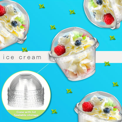 30 clear plastic dessert cups with dome lids for ice cream, pudding, cupcakes, and snacks. Disposable, recyclable, perfect for parties, weddings, picnics, and dessert displays.