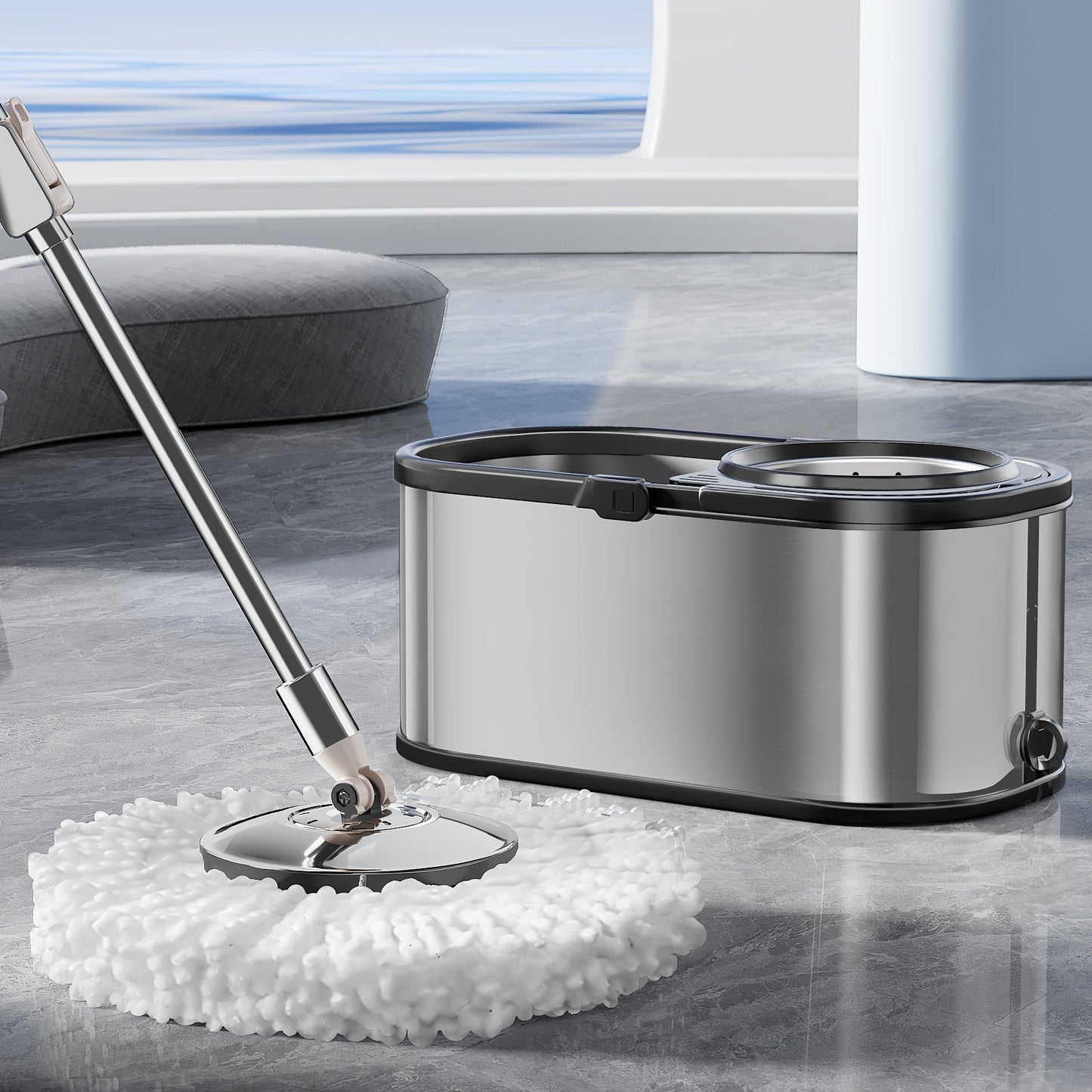 Introducing the BASSFLY Stainless Steel Spin Mop and Bucket Set, complete with 2 replacement heads and a convenient carrying handle. This 360-degree rotating mop makes cleaning a breeze, perfect for any room in your home - from the living room to the