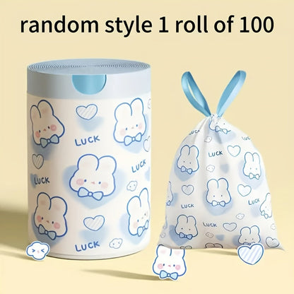 100 cute cartoon drawstring garbage bags made of leak-proof HDPE plastic. These heavy-duty bags have a capacity of 5.99 KG, perfect for managing household and garden waste effectively.