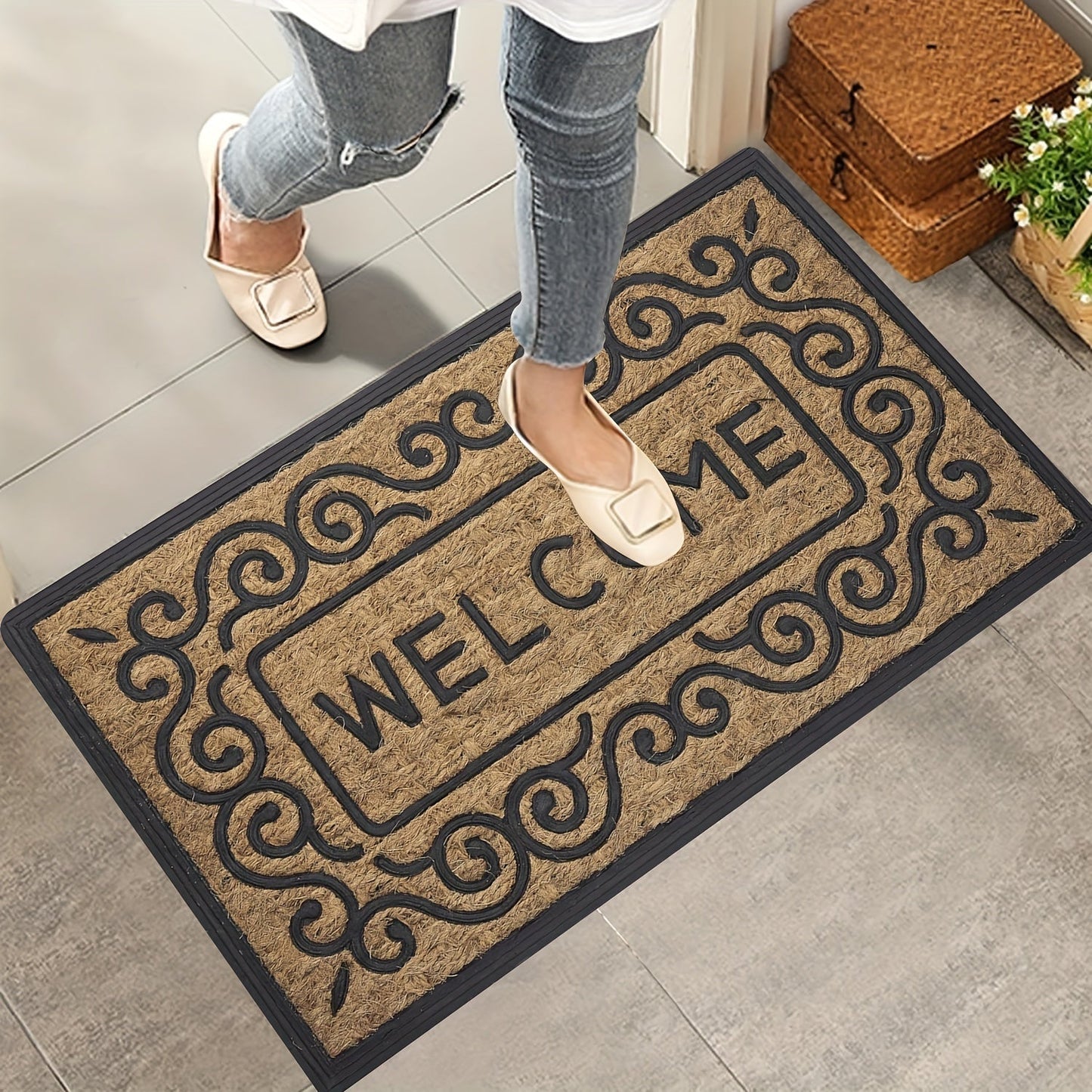 Welcome guests with the 1-piece Welcome Doormat featuring a non-slip PVC backing. This machine washable rectangle flannel textile entrance mat is perfect for both indoor and outdoor use. Use it as home décor or a washable area mat.