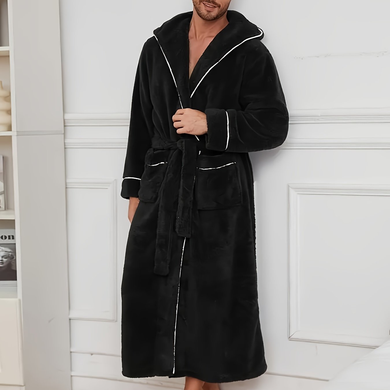 Soft and comfortable black fleece bathrobe with color-block design for men, featuring a hood, long sleeves, and belt detail. Suitable for home and hotel use, machine washable.