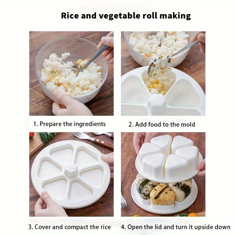 One piece Japanese rice and vegetable roll mold that can make six different shapes. This mold can also be used to create triangle rice and vegetable roll bento box, sushi, laver rice bag, and sushi box.