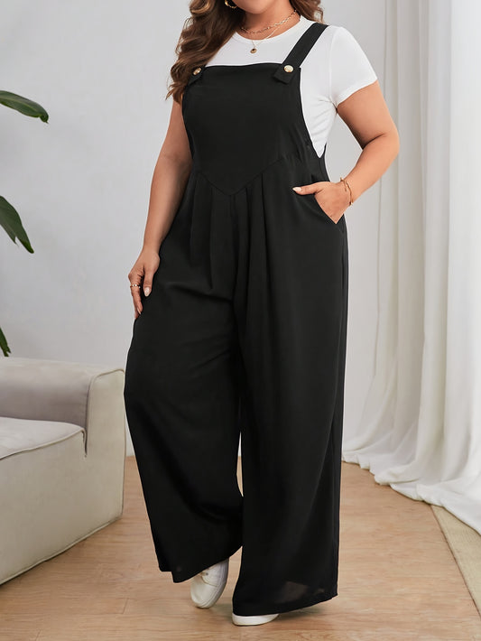 Plus size wide leg jumpsuit with casual style, made from polyester fabric in a solid color. Sleeveless design with pockets, suitable for all seasons.