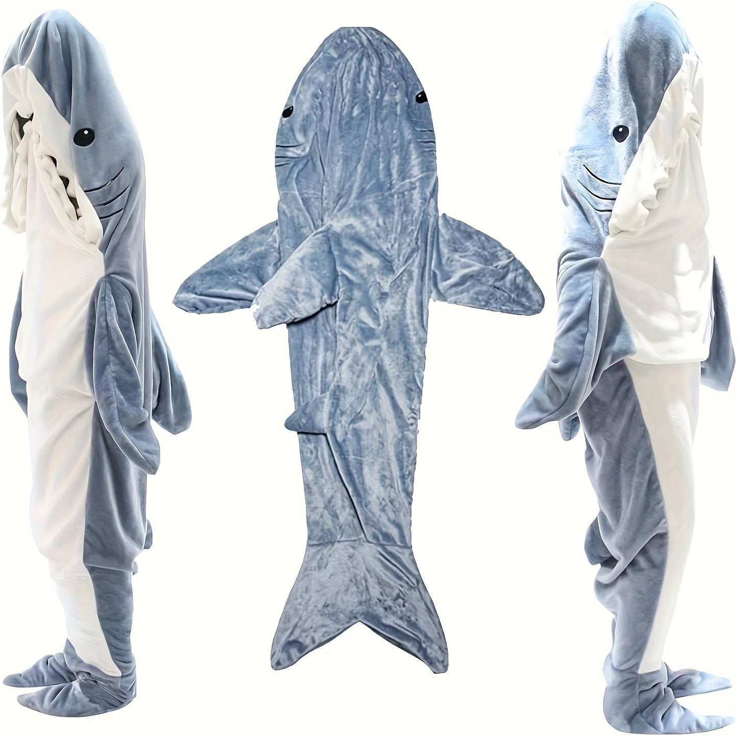 Soft and warm shark-shaped plush fleece sleeping bag, perfect for autumn and winter comfort. This cozy flannel throw blanket is great for couch, sofa, bed, and travel. Comes in gray/white, providing ultimate comfort and style.