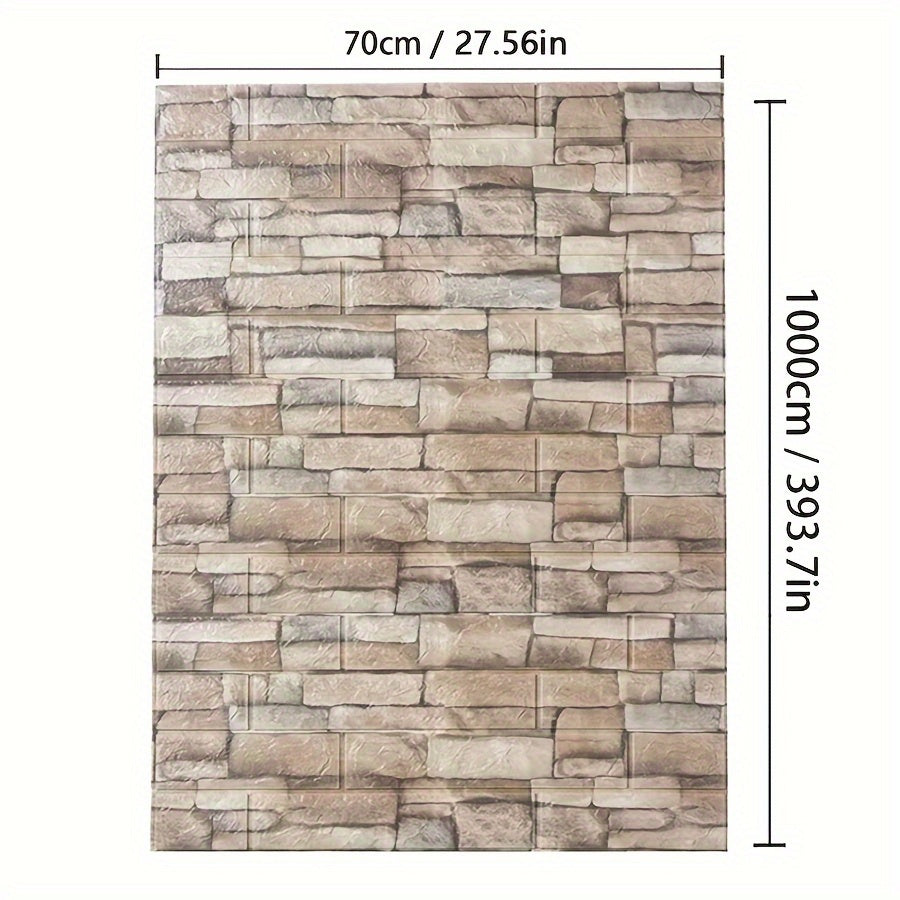 1 self-adhesive 3D foam wallpaper roll with retro brick pattern that is waterproof and oilproof, suitable for DIY furniture refurbishment in living rooms, kitchens, and bedrooms.