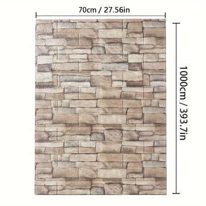 1 self-adhesive 3D foam wallpaper roll with retro brick pattern that is waterproof and oilproof, suitable for DIY furniture refurbishment in living rooms, kitchens, and bedrooms.