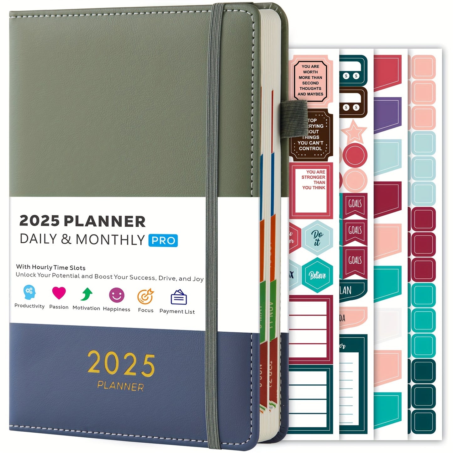 2025 Daily & Monthly Planner with Hourly Slots, Hardcover Leather, English, Includes 4 Planning Sheets, 12 Monthly Tabs, Productivity Tool