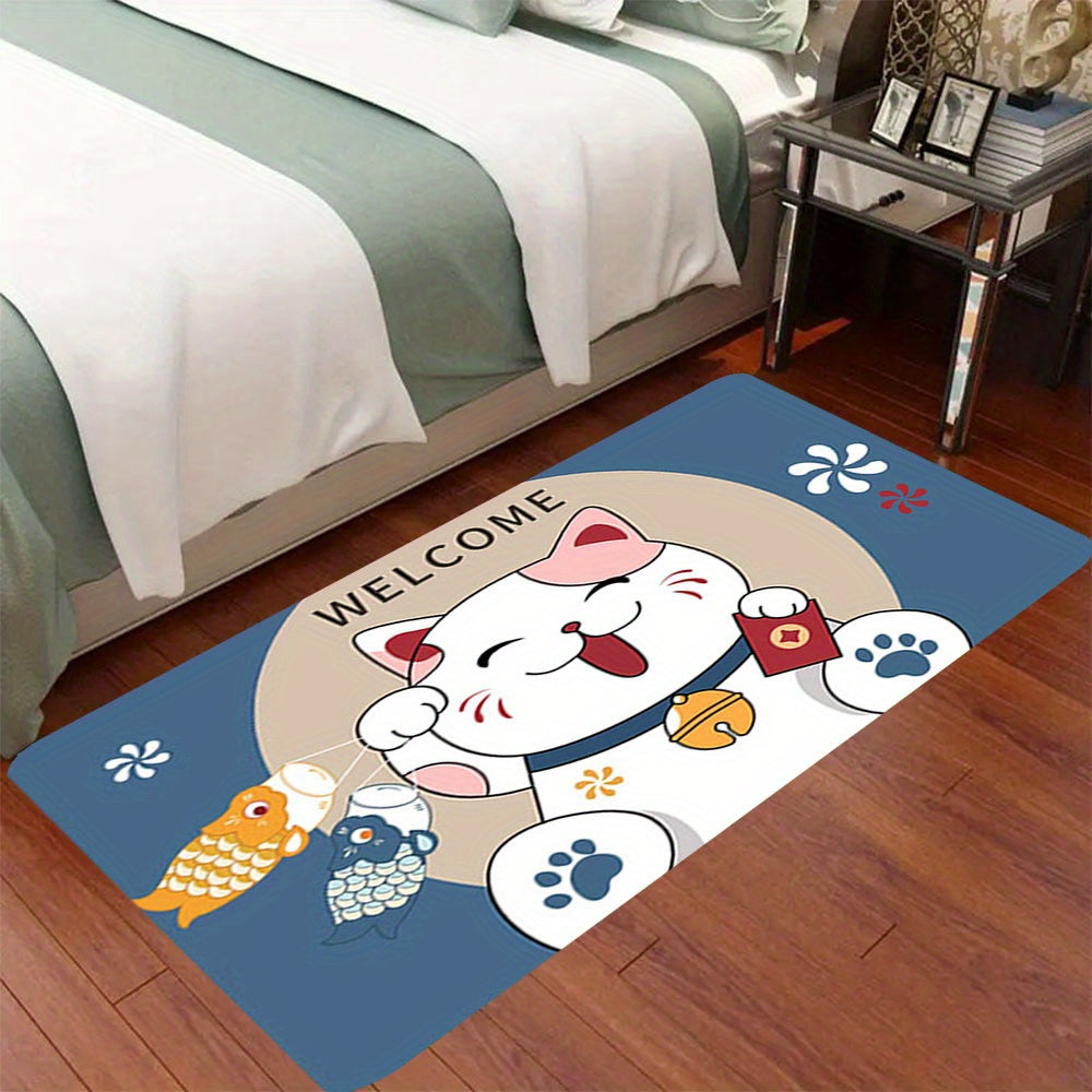 Soft thickened area rug with a Fortune Cat design, providing anti-fatigue comfort and shaggy style for your floors. This home decor essential is machine washable and non-slip, making it perfect for your entrance, living room, bedroom, game room