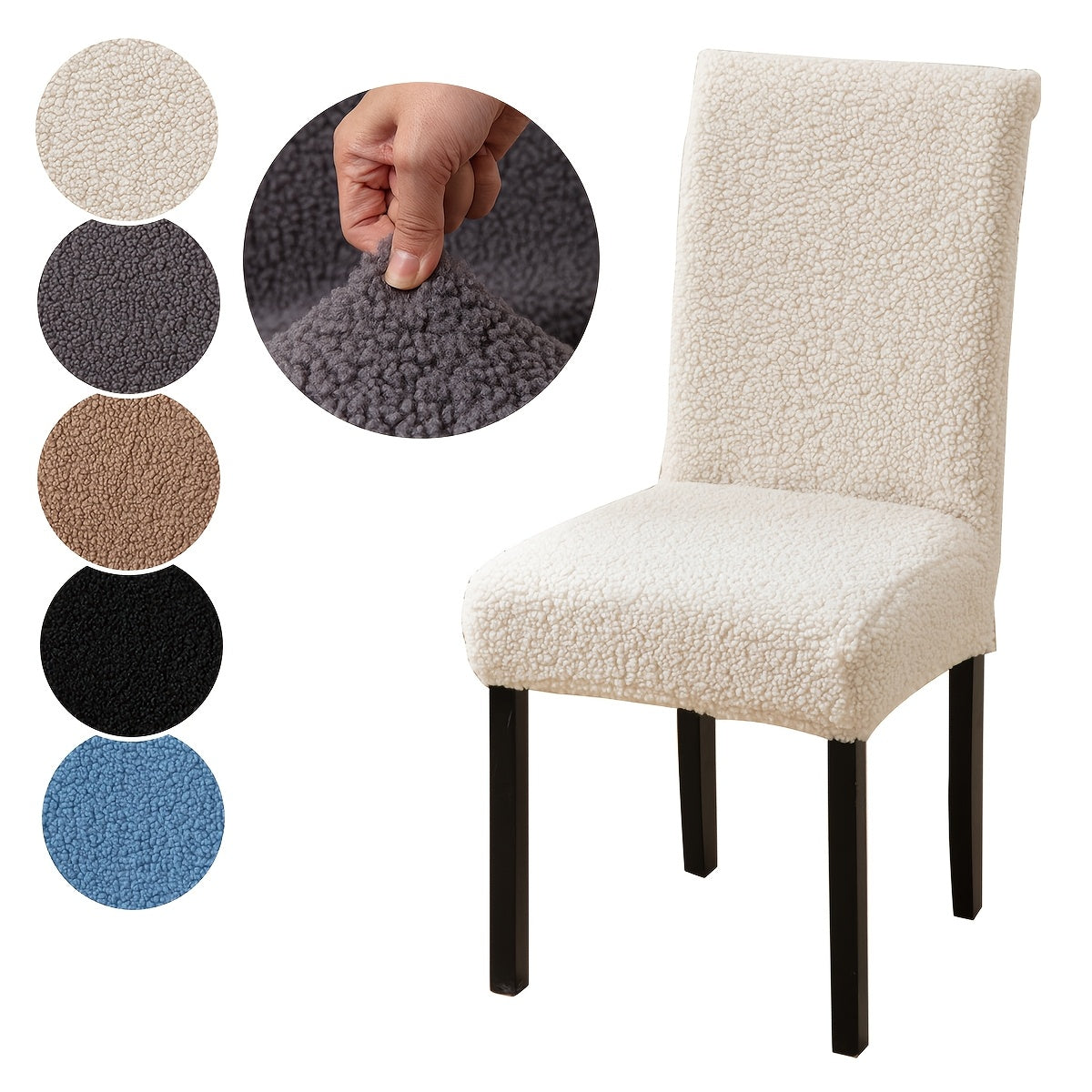 Stretch Sherpa chair cover with removable elastic slipcover, pet-friendly and machine washable. Made with a polyester and spandex blend, designed for home, restaurant, office, or banquet use. Available in multiple colors.