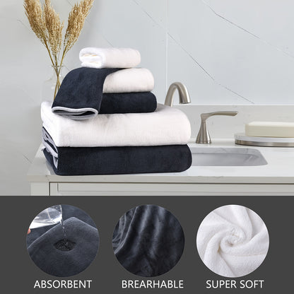 Super soft microfiber bath towel set includes 8 pieces: 2 bath towels (68.58 x 139.7 cm), 2 hand towels (34.8 x 76.2 cm), and 4 square towels (34.8 x 34.8 cm). Quick drying, highly absorbent, and lightweight.