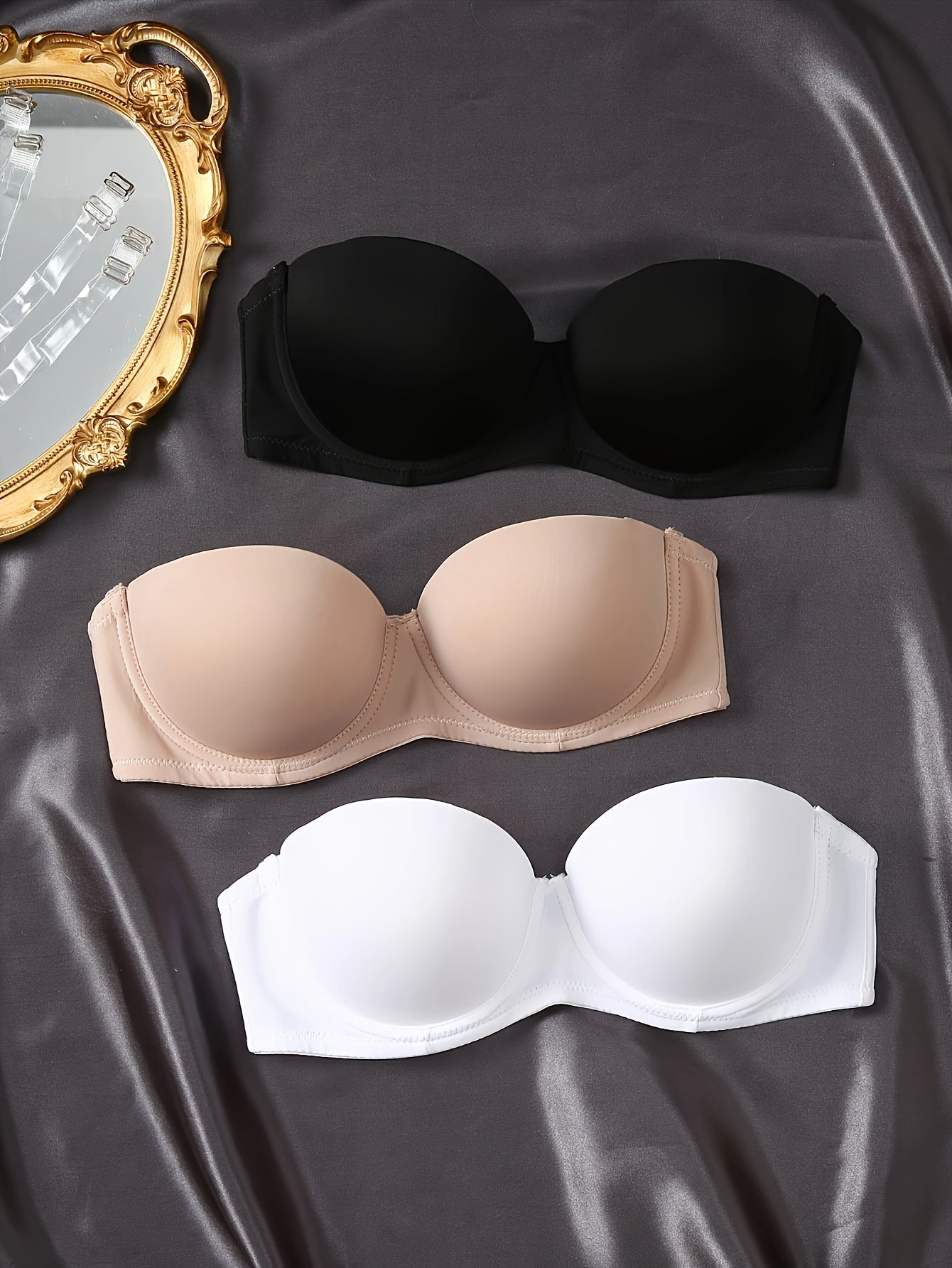 Solid strapless underwire bra set includes 3 pieces of sexy and comfortable push up lingerie for women.