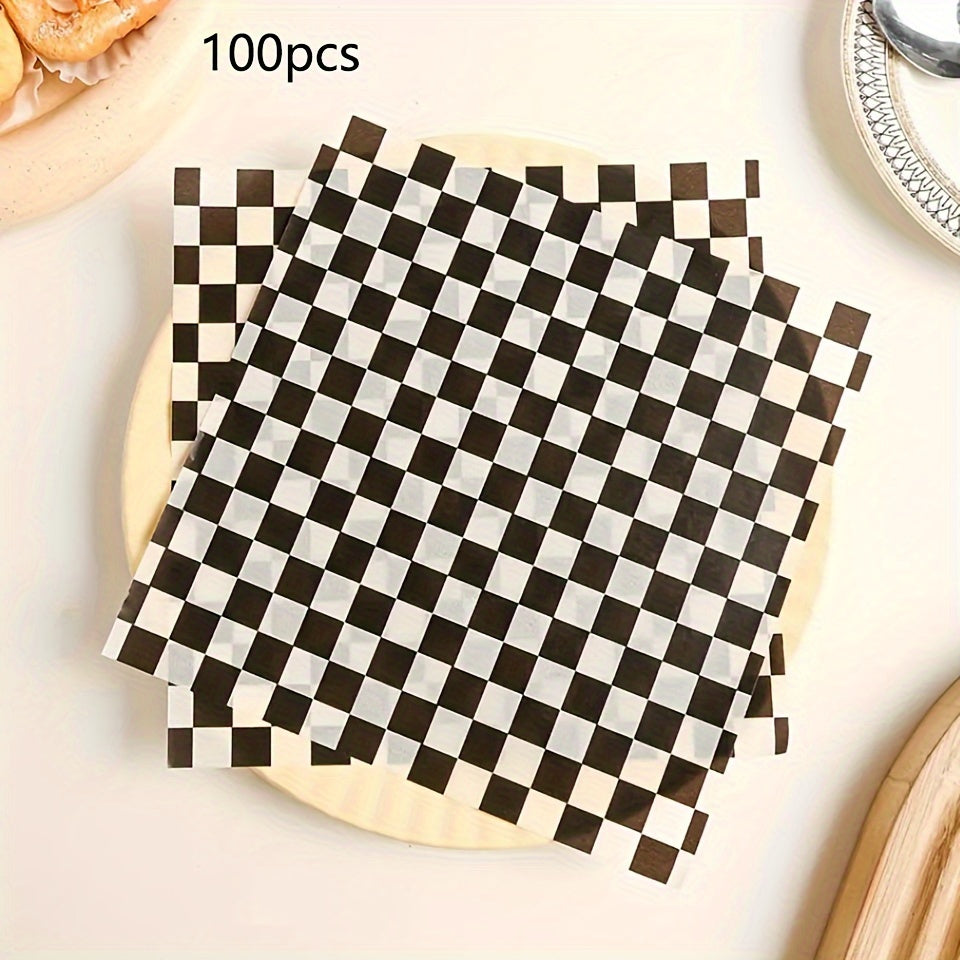 100 pieces of Checkerboard Wax Paper Doilies - Rectangular Grease-Resistant Food Wrapping Sheets, Machine-Made Disposable Paper Liners for Sandwiches, Hamburgers, and Fried Chicken - Essential Kitchen Accessories & Gadgets