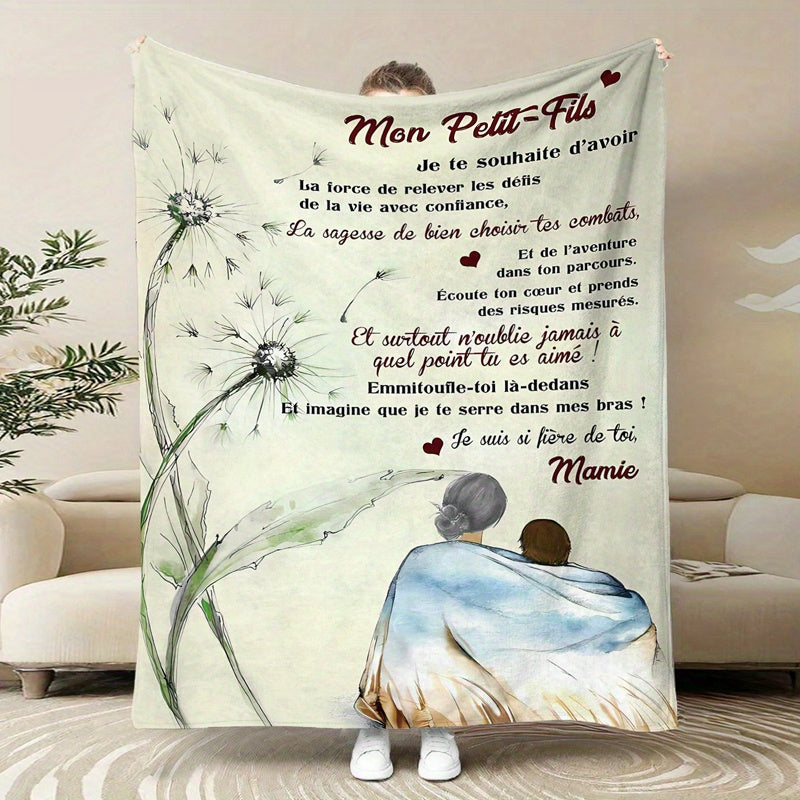 Soft throw blanket "Mon Petit Fils" from Grandma - Cozy flannel, perfect for all seasons on bed & sofa. Makes an ideal gift for birthdays, Christmas, weddings. Features contemporary style with heartfelt message.