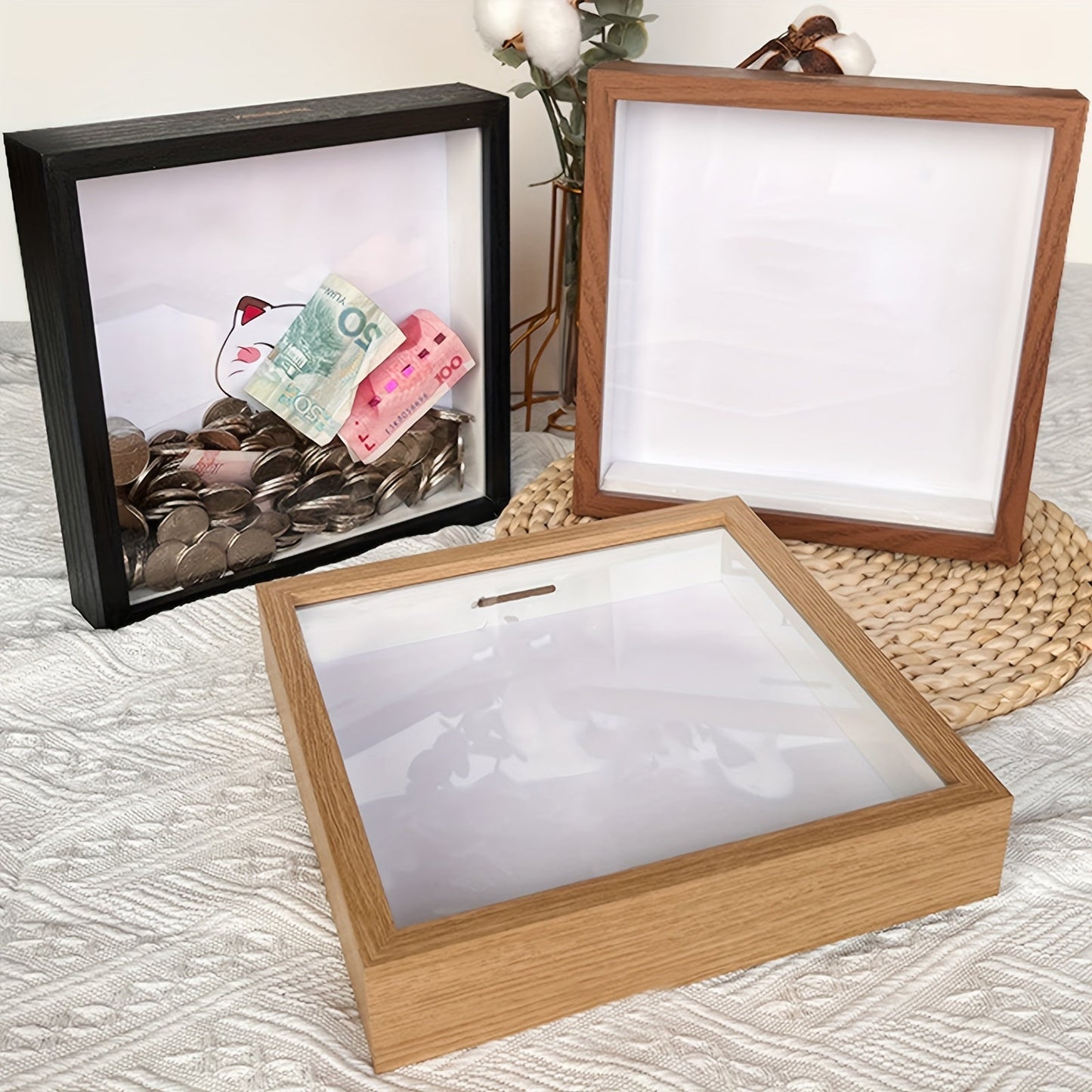 Personalised deep frame for occasions like weddings, christenings, birthdays, and money gifts, featuring a 3D picture frame and money box.