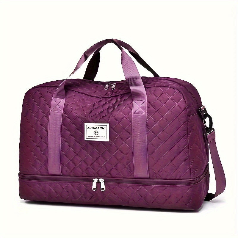 Large luxury duffel bag with multiple compartments for travel and gym use.