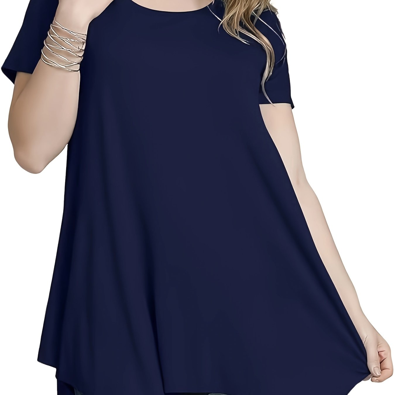 Plus size women's t-shirt with solid color, round neck, irregular hem, short sleeve. Made of polyester and spandex blend, machine washable. From the spring/summer collection.