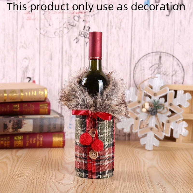 Festive Christmas wine bottle cover with plush fur collar, made of polyester, ideal for holiday parties and home decor.