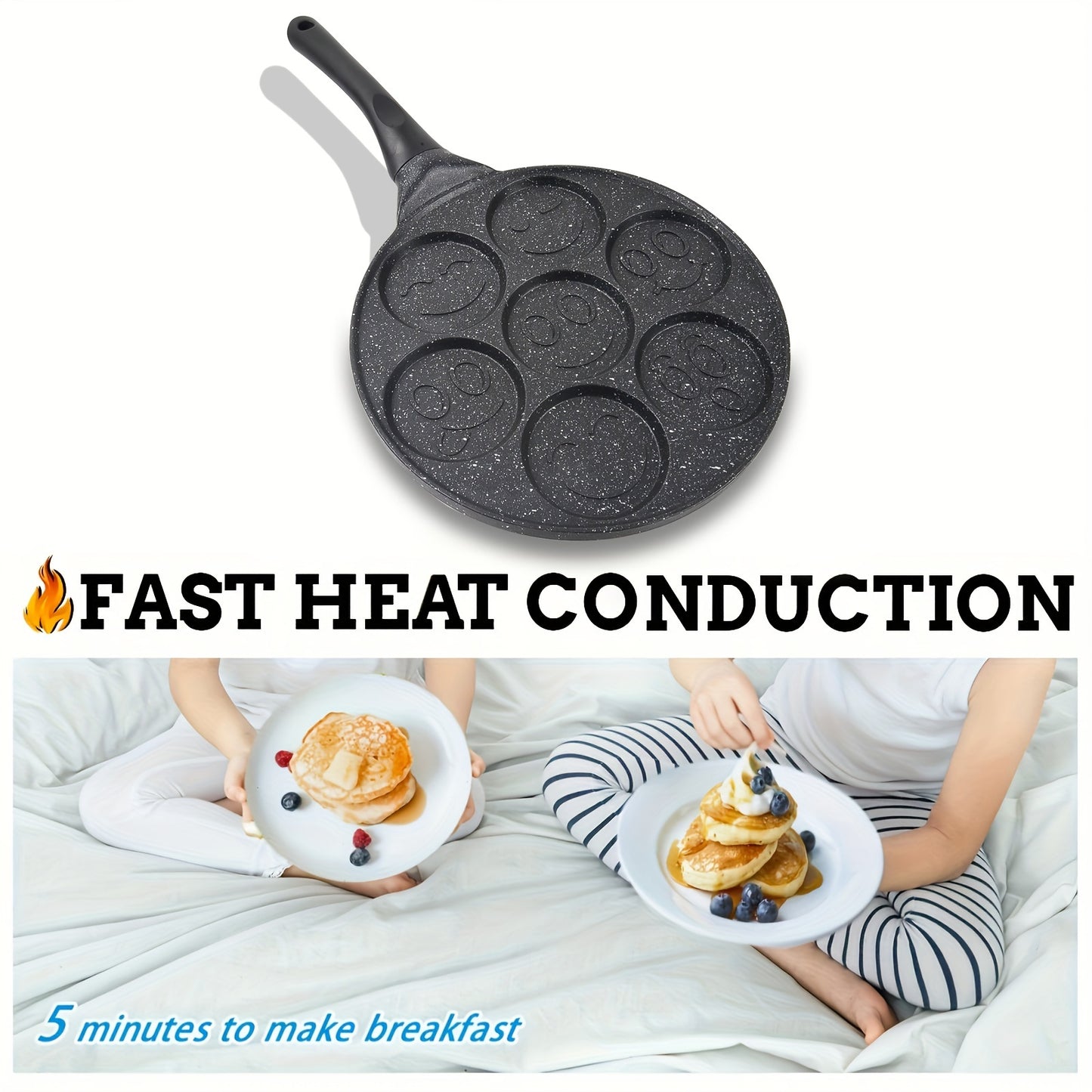 Non-stick pancake pan with 7 face molds for easy cleaning and perfect breakfasts.