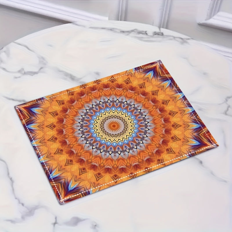 4 Mandala-style placemats with a Persian Bohemian design, heat resistant and washable, suitable for home and restaurant use.