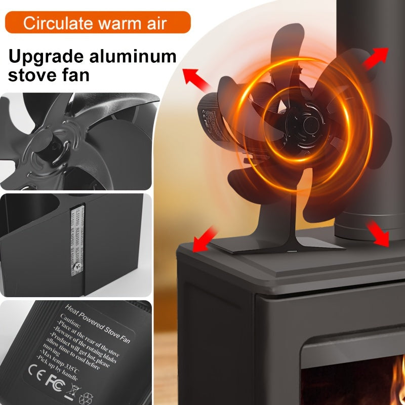 One piece 6-blade stove fan designed to efficiently distribute heat for wood, log, and pellet stoves and fireplaces. This portable thermoelectric fan serves as an air circulator and heat-powered exhaust fan.