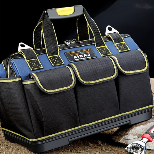 AIRAJ Heavy-Duty Tool Bag with Multiple Compartments - Durable Black & Yellow Tool Organizer for Electricians, Plumbers, Carpenters, and Mechanics. Features Reinforced Handles and Straps