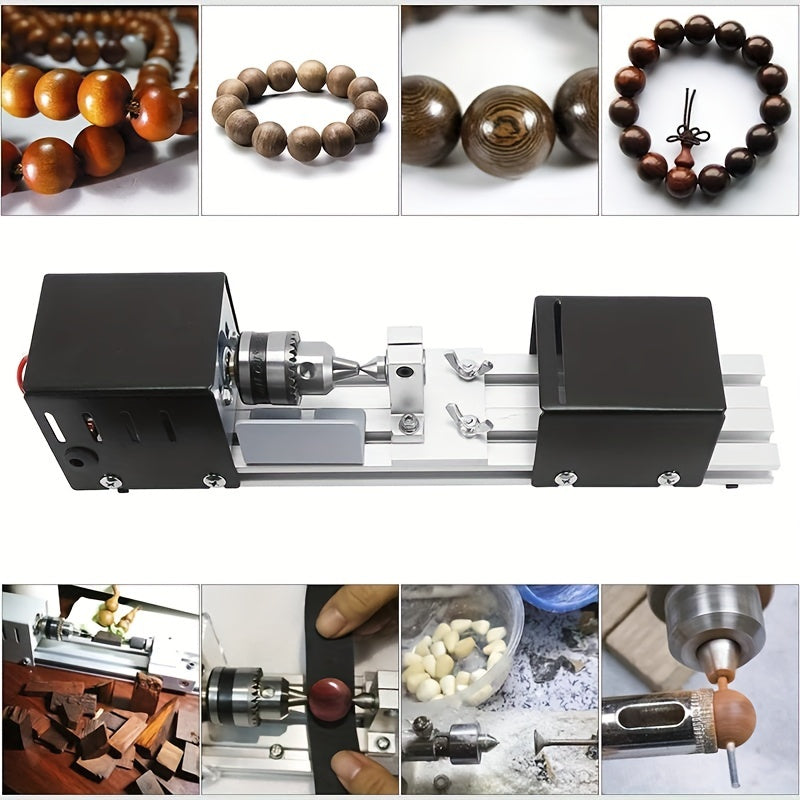 Mini wood lathe machine for DIY projects, with grinding and polishing capabilities, ideal for woodworking and drilling.