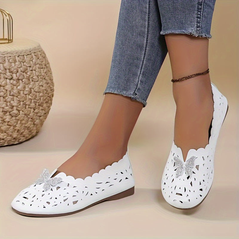 All-season flat shoes for women with diamond butterfly detail, round toe hollow design, lightweight and breathable construction. Features a flexible rubber sole, soft microfiber insole