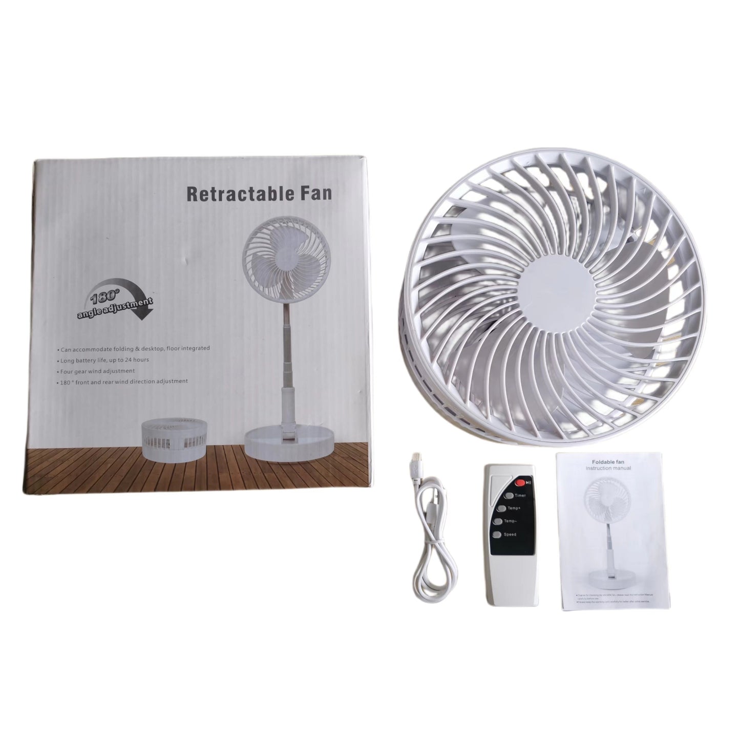 A convenient and adaptable mini fan that charges via USB and features a telescopic design. This portable and foldable white desk fan comes with a remote control, making it perfect for dorms and outdoor activities. The fan includes a power cable and can