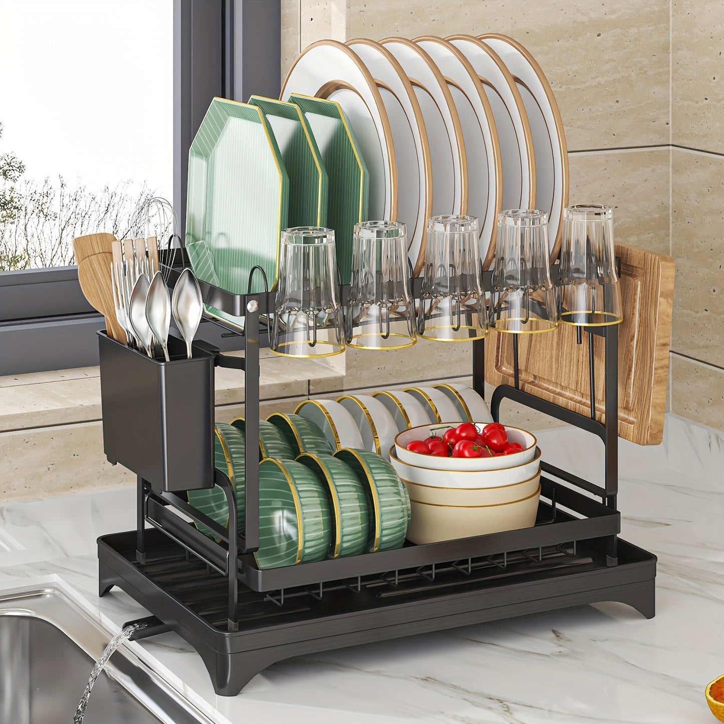 Kitchen Counter Rustproof 2-Tier Dish Drying Rack with Double Layer, Drainboard, and Utensil Holder - Ideal for Kitchen Accessories