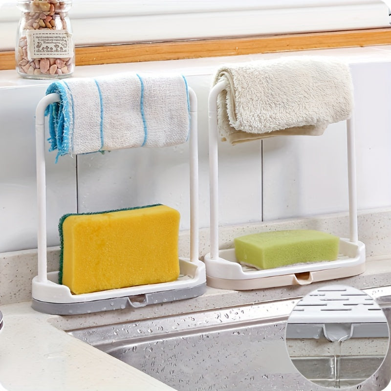 Small kitchen countertop organizer with no-drill sponge and towel holder, dishcloth drain rack for bathroom and kitchen storage. Can also be used as a mini dishcloth hanging rack.