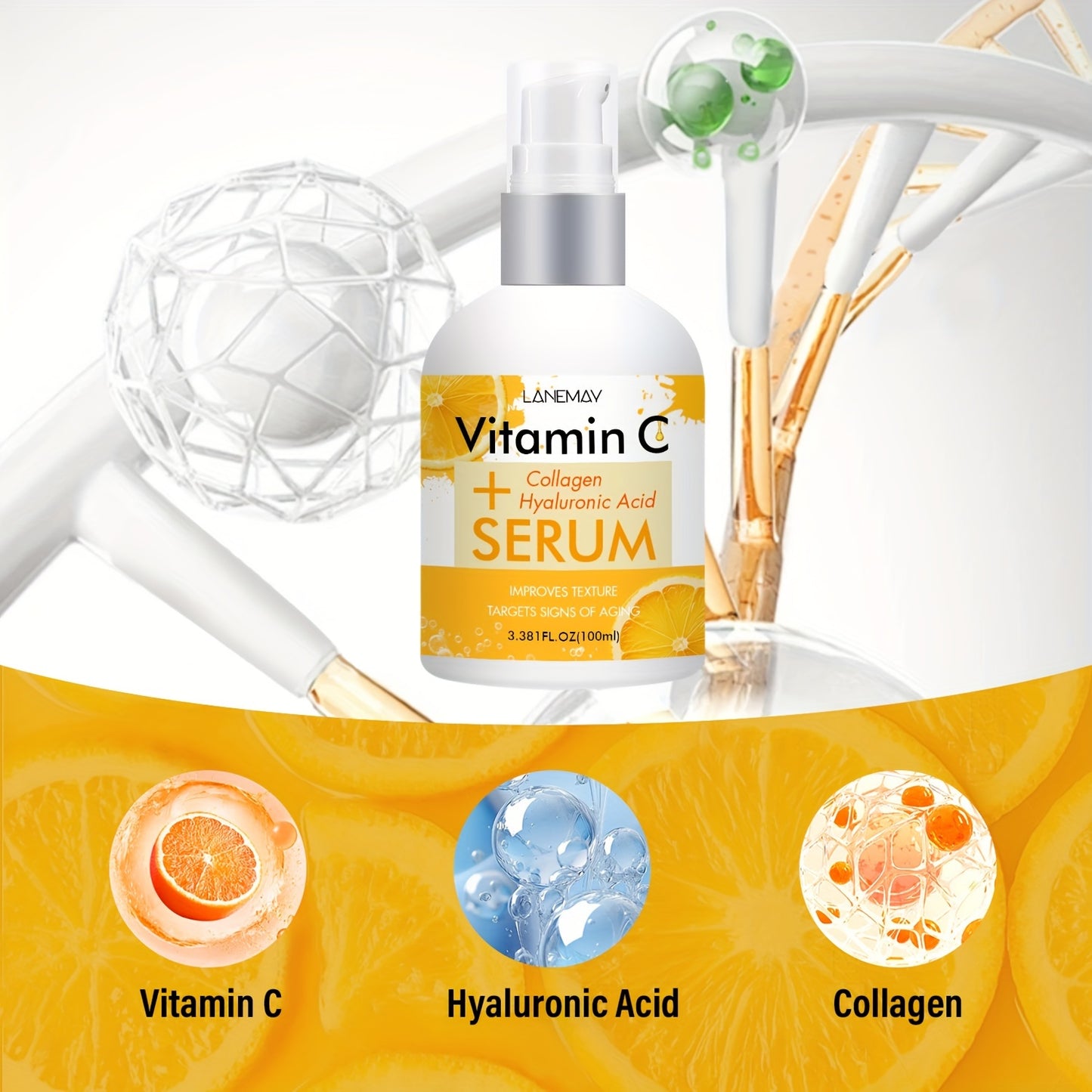 Lanemay Vitamin C & Collagen Serum: Hydrating, Brightening, and Hypoallergenic, suitable for all skin types. Contains Hyaluronic Acid & Glycerin in a 3.4 fl. oz. bottle.