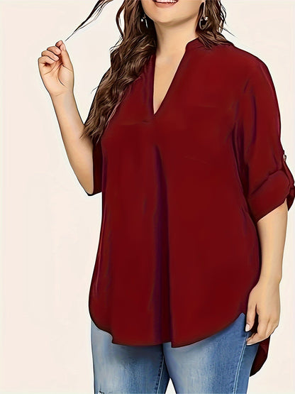 V Neck Long Sleeve Blouse for Spring & Fall, Plus Size Solid, Women's Clothing