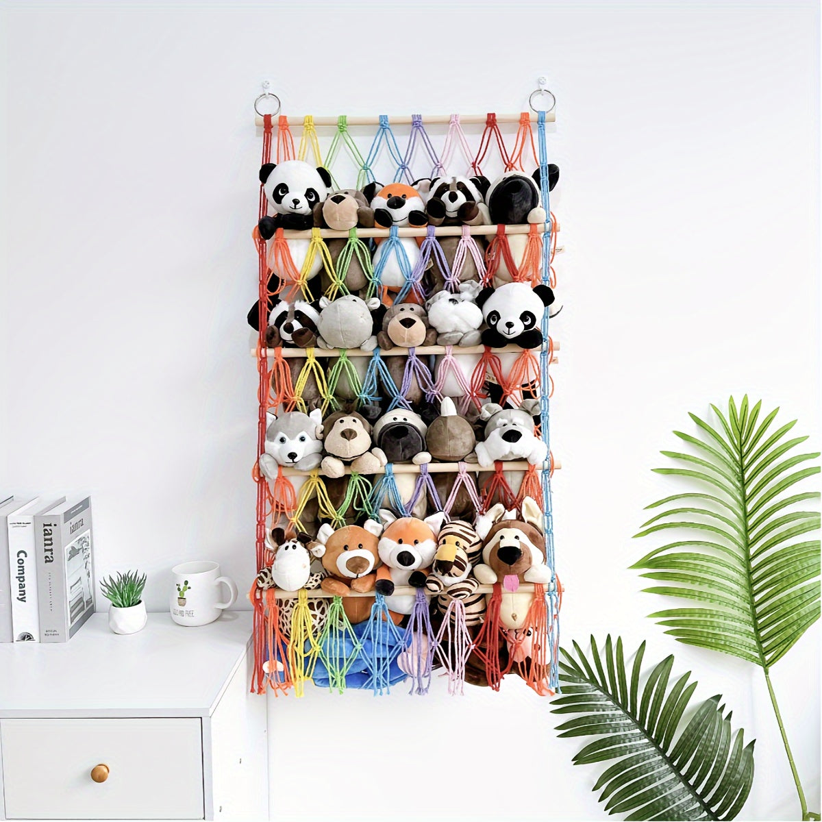 Plush animal storage solutions: net, rack, and hammock for hanging and organizing plush animals.