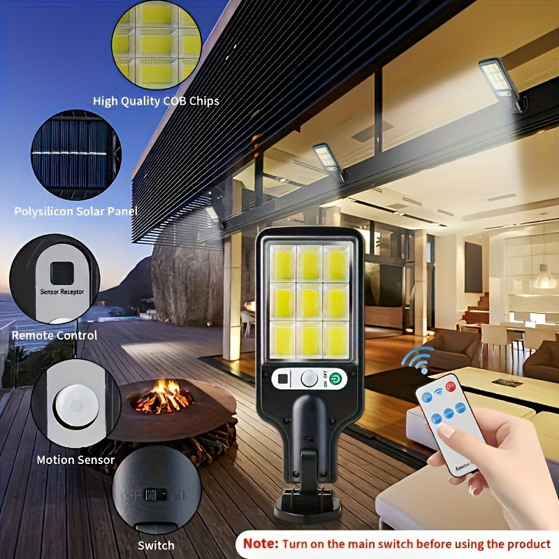 1 SMART solar street light with motion sensor, automatic switch, and remote control for safety lighting in gardens and courtyards.