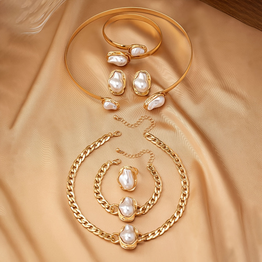 Vintage Elegant Jewelry Set for Women - Includes Necklace, Earrings, Bracelet, Ring Set with Faux Pearl Inlay, Iron Base, Stainless Steel Posts - Perfect for Gifts, Parties, and Everyday Wear - 6 pieces in total